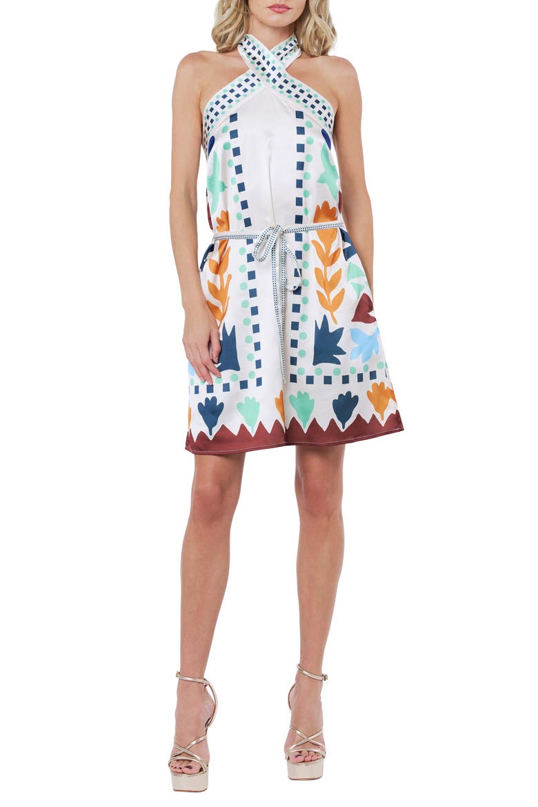 Lio Sleeveless Tie Waist Dress, Main, color, WHITE MULTI