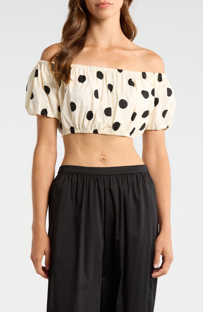 WAYF Annie Polka Dot Crop Stretch Cotton Top, Main, color, Ant Ivory Polka Dot