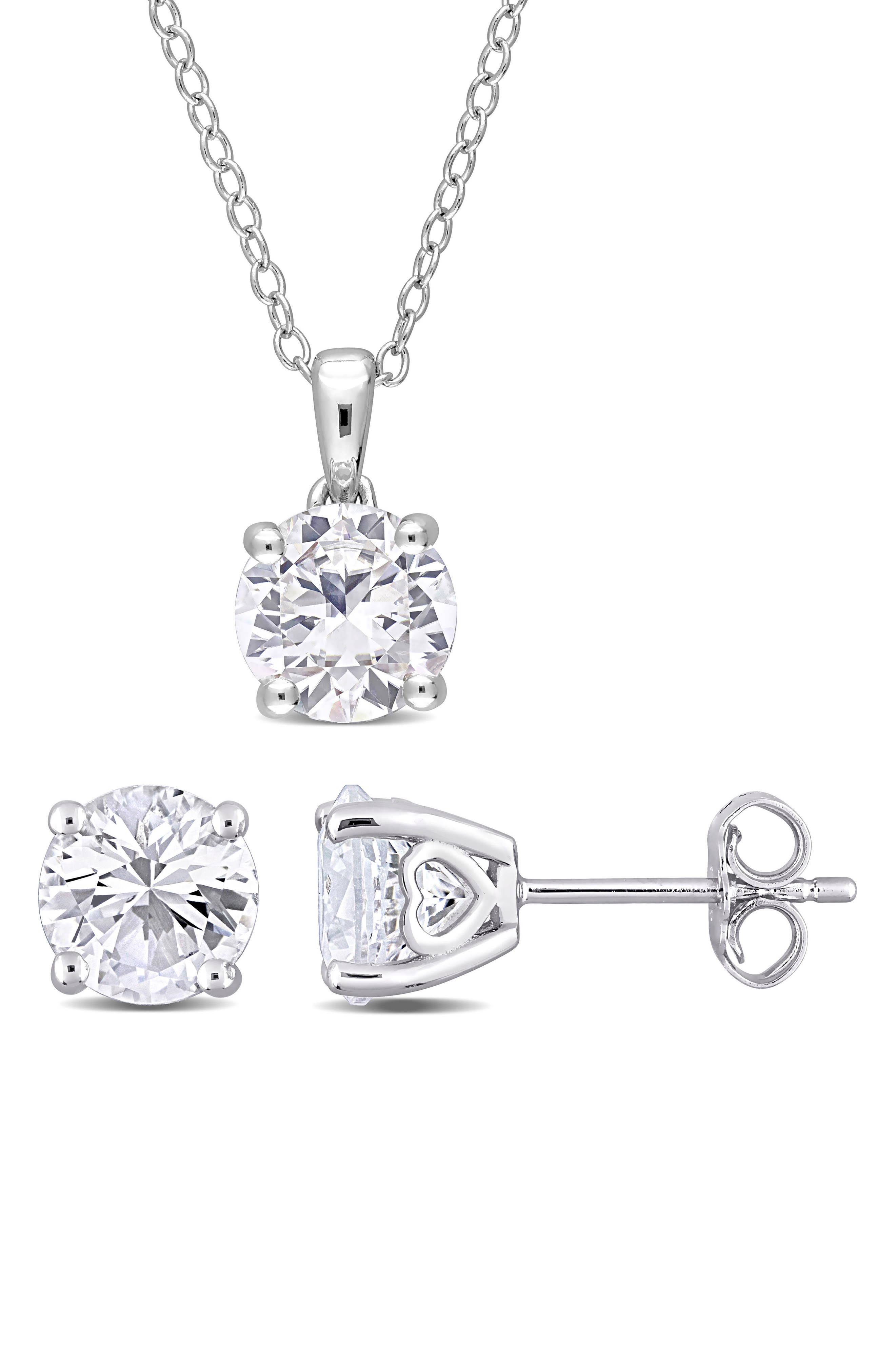 DELMAR Sterling Silver Created White Sapphire Necklace & Stud Earrings Set