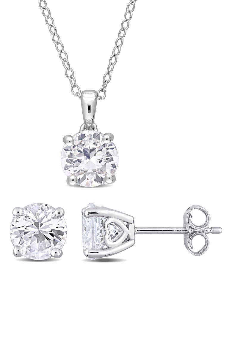DELMAR Sterling Silver Created White Sapphire Necklace & Stud Earrings Set, Main, color, White