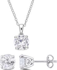 DELMAR Sterling Silver Created White Sapphire Necklace & Stud Earrings Set