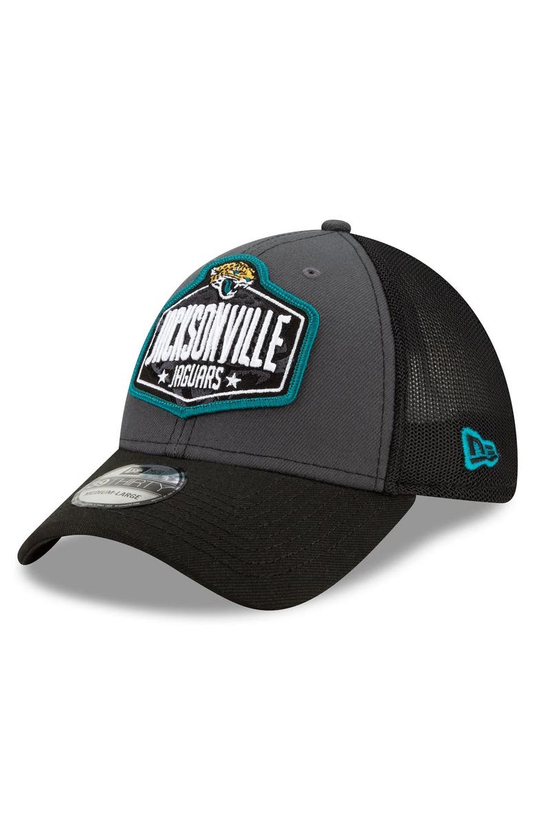New Era Men's New Era Graphite/Black Jacksonville Jaguars 2021 NFL Draft Trucker 39THIRTY Flex Hat, Main, color,