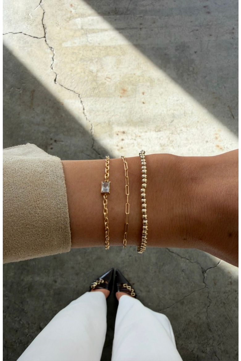 Bezel Stone, Paperclip, and Bead 14k Gold filled Bracelet Three Stack, Alternate, color, Gold