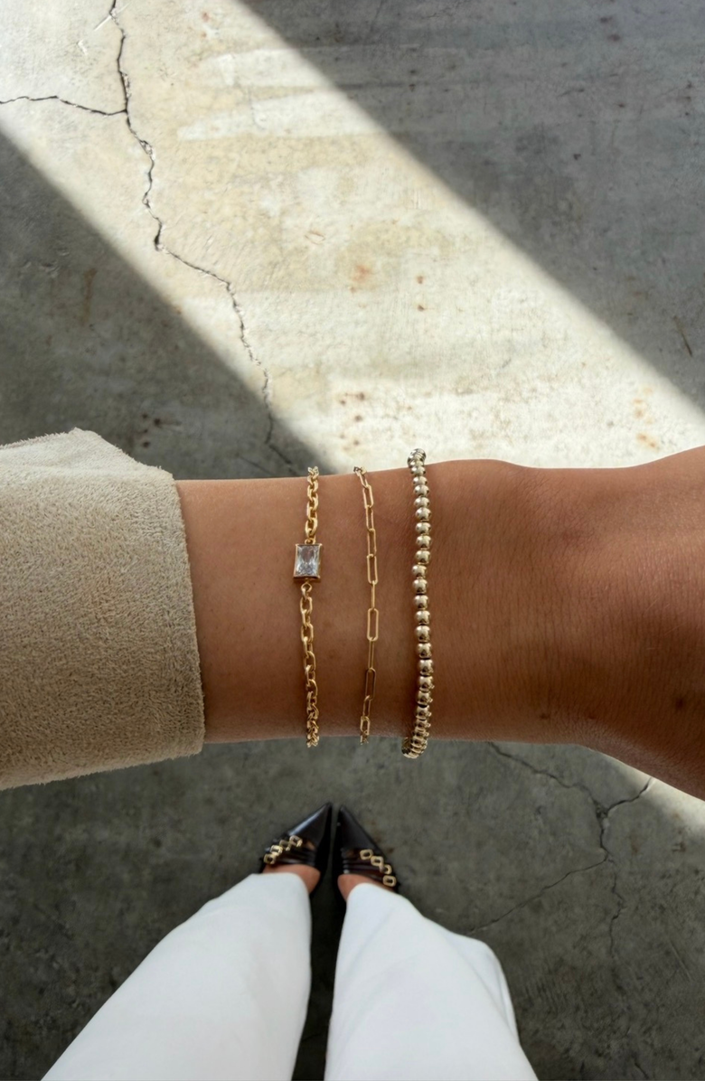 CUFFED BY NANO Bezel Stone, Paperclip, and Bead 14k Gold filled Bracelet Three Stack, Alternate, color, Gold