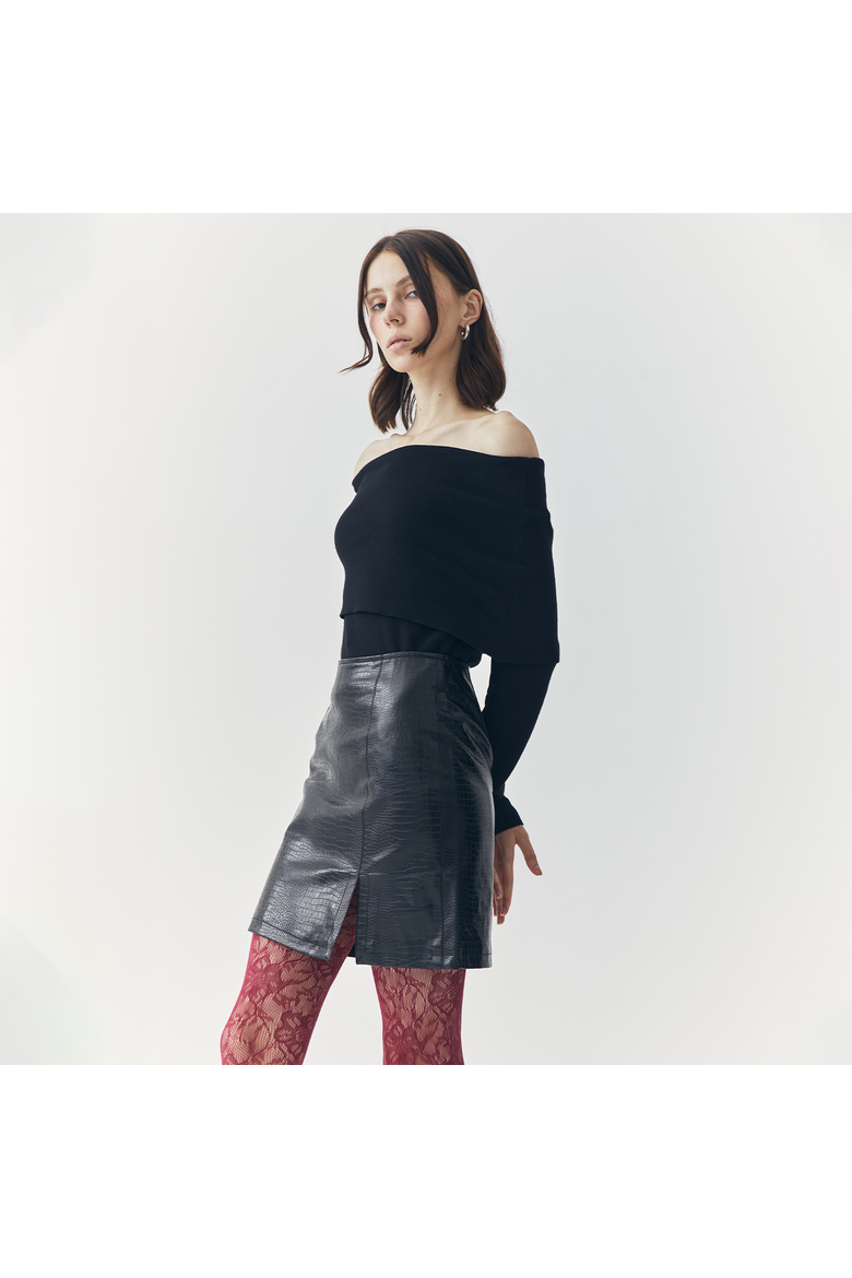 Tess Croc Embossed Leather Mini Slit Skirt, Alternate, color, Black