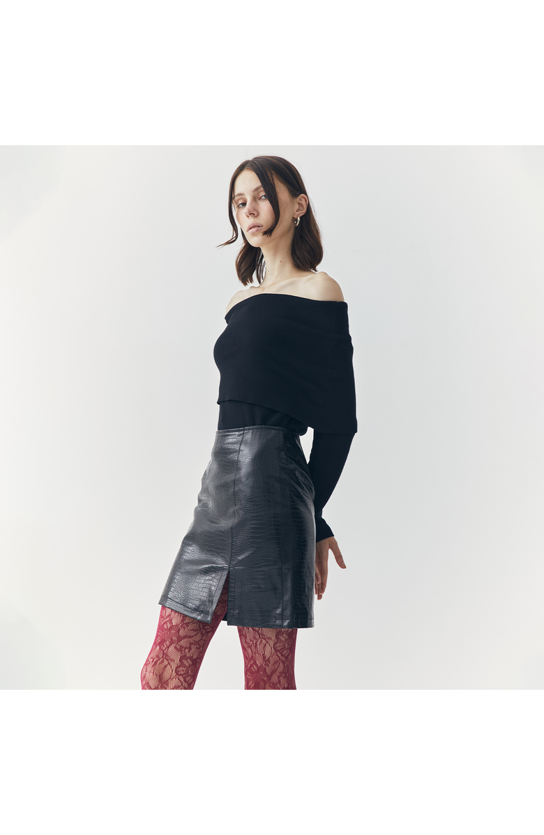 ATS Tess Croc Embossed Leather Mini Slit Skirt, Alternate, color, Black