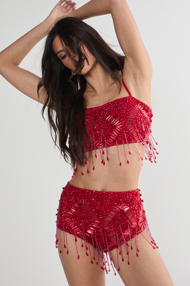 Embellished Tassel Beaded Crop Top, Alternate, color, Red