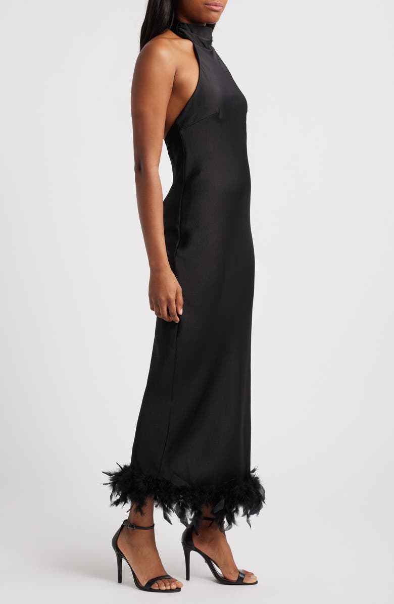Rare London Feather Trim Halter Satin Cocktail Midi Dress, Alternate, color,