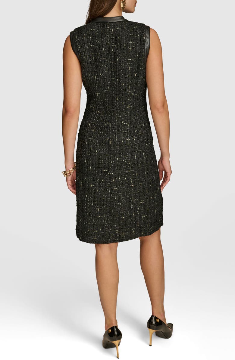 Donna Karan New York Sleeveless Faux Leather Trim Tweed Dress, Alternate, color, Black