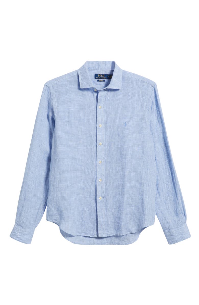 Polo Ralph Lauren Classic Fit Houndstooth Linen Button-Up Shirt, Main, color, Cabana Blue/White