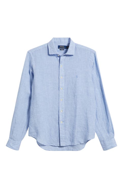 Classic Fit Houndstooth Linen Button-Up Shirt