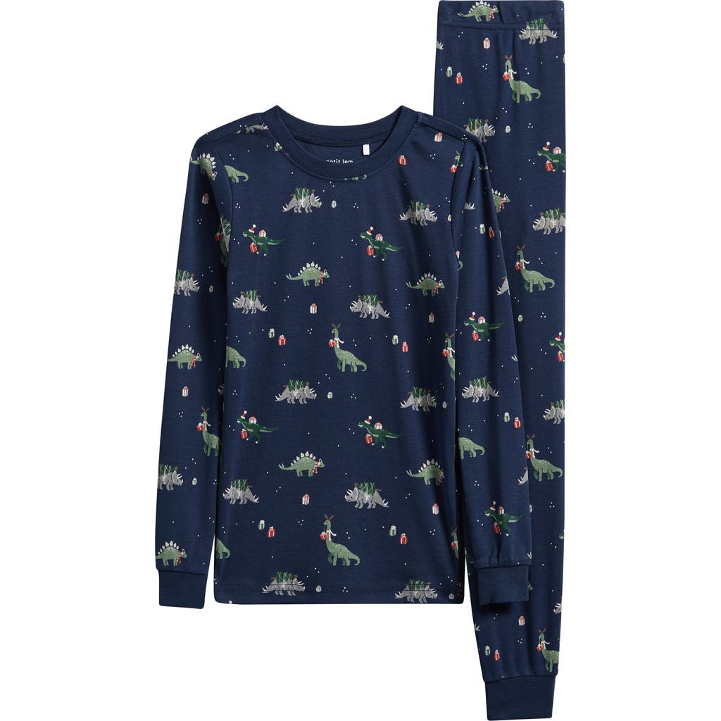 Petit Lem Kids' Holiday Dinosaur Print Fitted Organic Cotton Two-Piece Pajamas in Navy