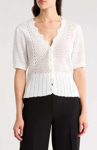 Forgotten Grace Open Knit Short Sleeve Button-Up Sweater