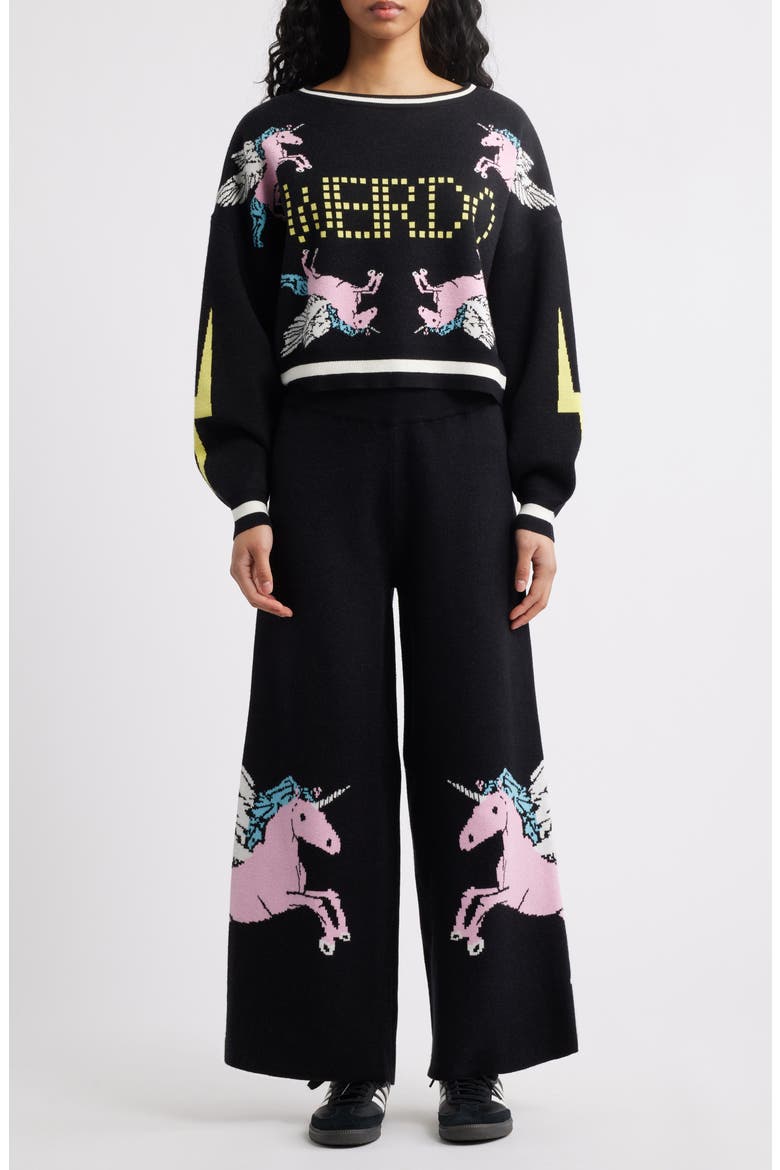 Weirdos Unite Pegasus Jacquard Sweater & Wide Leg Pants Set, Main, color, BLACK