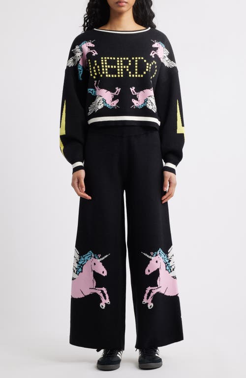 Dressed in Lala Weirdos Unite Pegasus Jacquard Sweater & Wide Leg Pants Set in Black at Nordstrom, Size Small