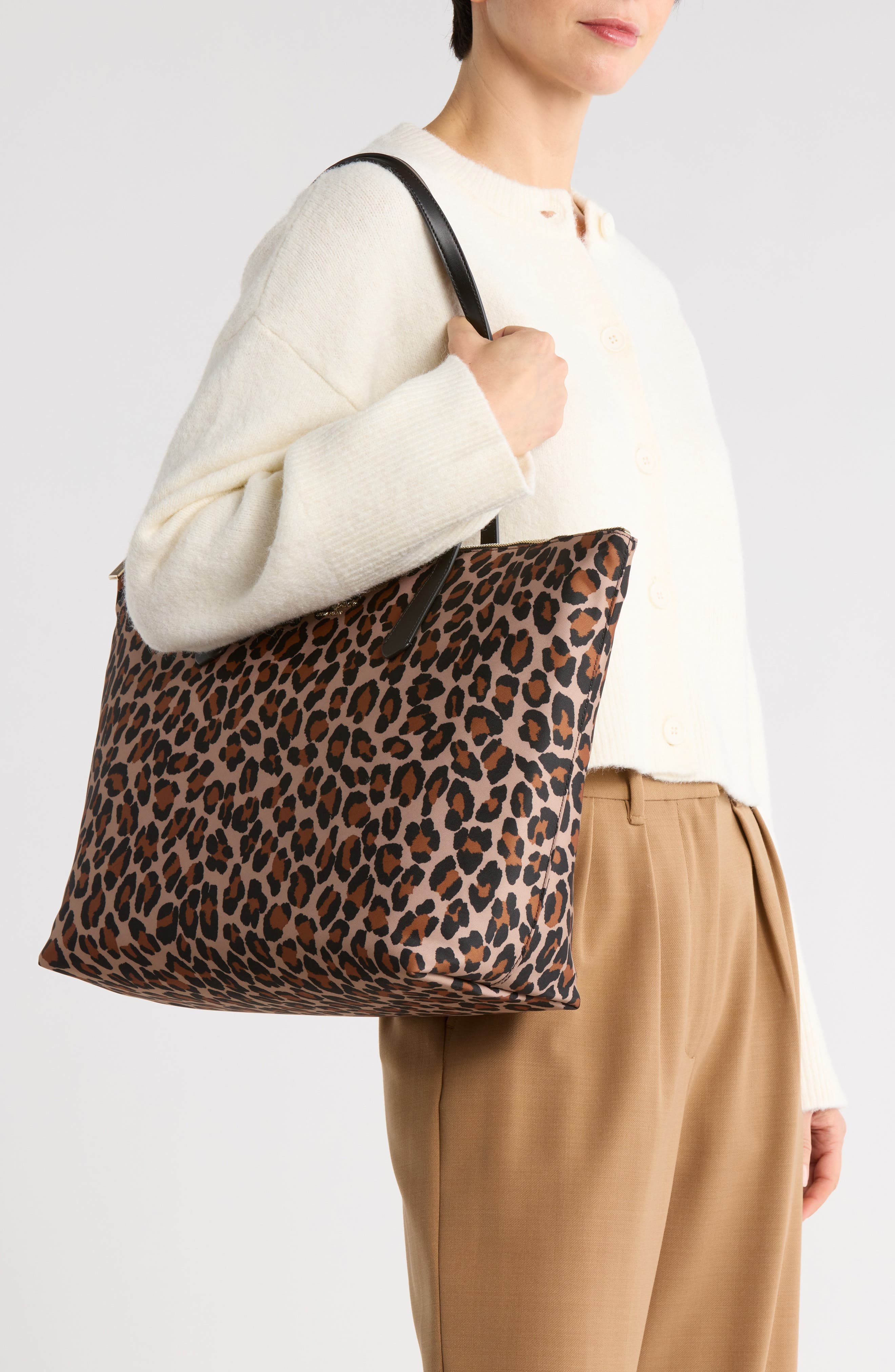 Kate Spade New York kitt recycled nylon leopard extra large tote, Alternate, color, Brown Multi