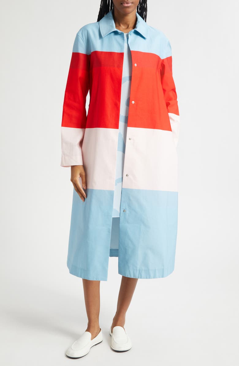 Marimekko Luomus Hennika Colorblock Long Sleeve Cotton Coat Dress, Main, color, Red Light Pink Light Blue
