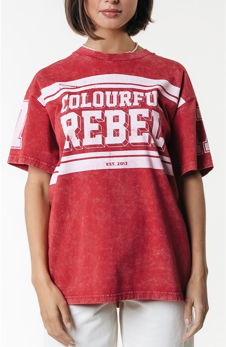 Colourful Rebel Logo Block Acid Wash Loosefit Tee, Main, color, Racing Red