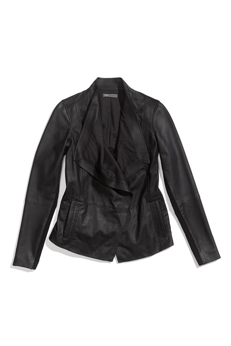 Drape Neck Leather Jacket, Alternate, color, BLACK