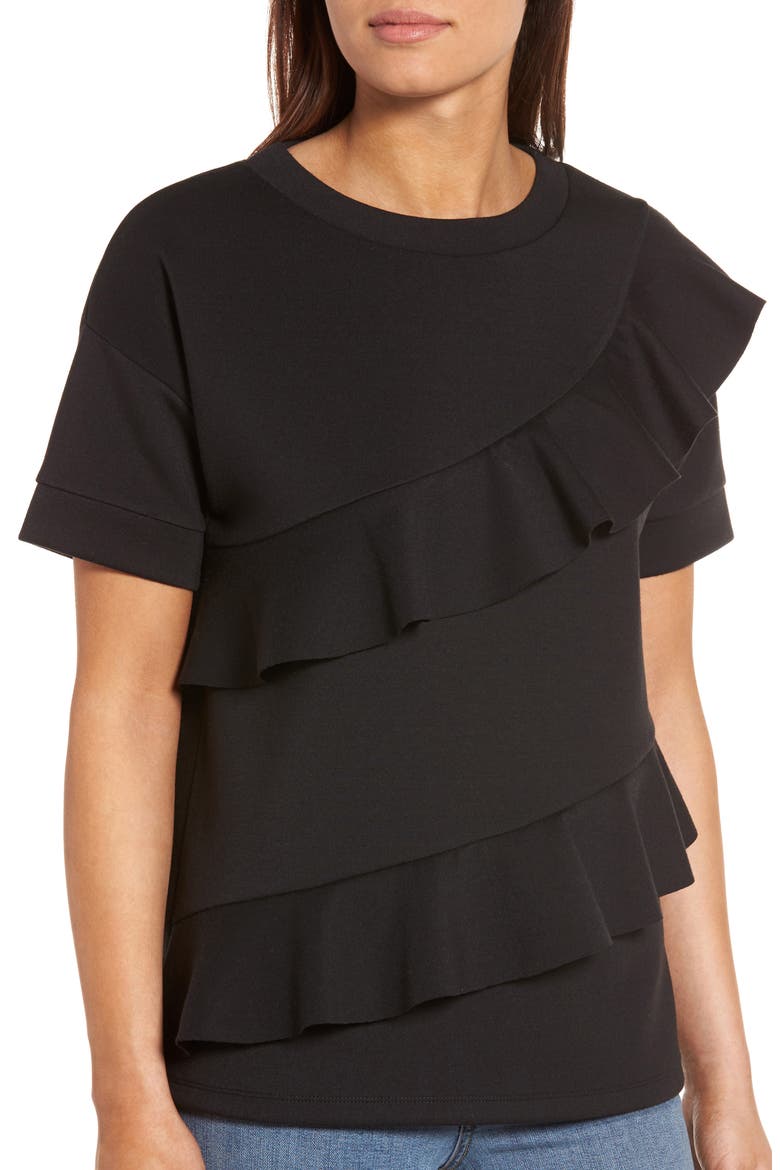 Ruffle Front Neopene Sweatshirt, Alternate, color, BLACK
