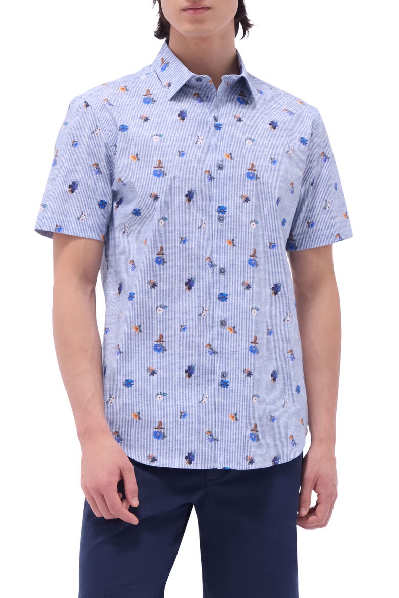 Orson Floral Stripe Short Sleeve Stretch Cotton Button-Up Shirt, Main, color, AIR BLUE