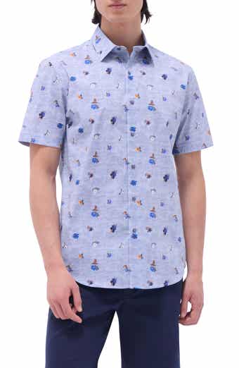 Bugatchi Orson Floral Stripe Short Sleeve Stretch Cotton Button-Up Shirt