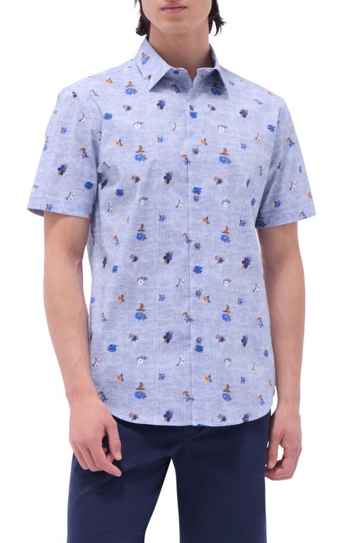 Bugatchi Orson Floral Stripe Short Sleeve Stretch Cotton Button-up Shirt In Air Blue