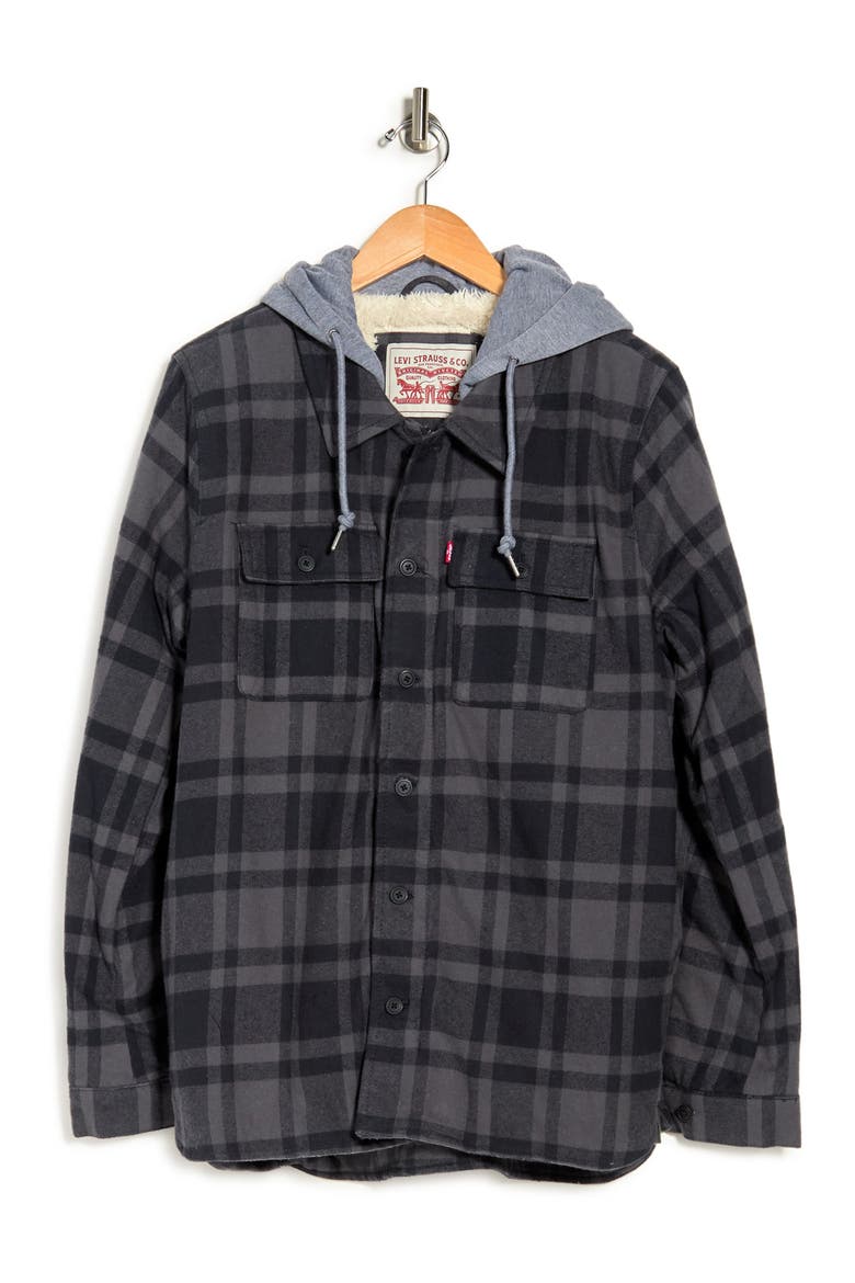 Plaid Faux Shearling Lined Jersey Hood Shirt Jacket, Alternate, color, GREY/NAVY PLAID