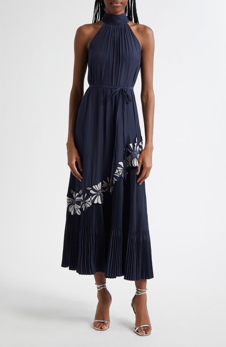 Ramy Brook Eleah Mixed Media Floral Embroidery Detail Dress, Main, color, Navy