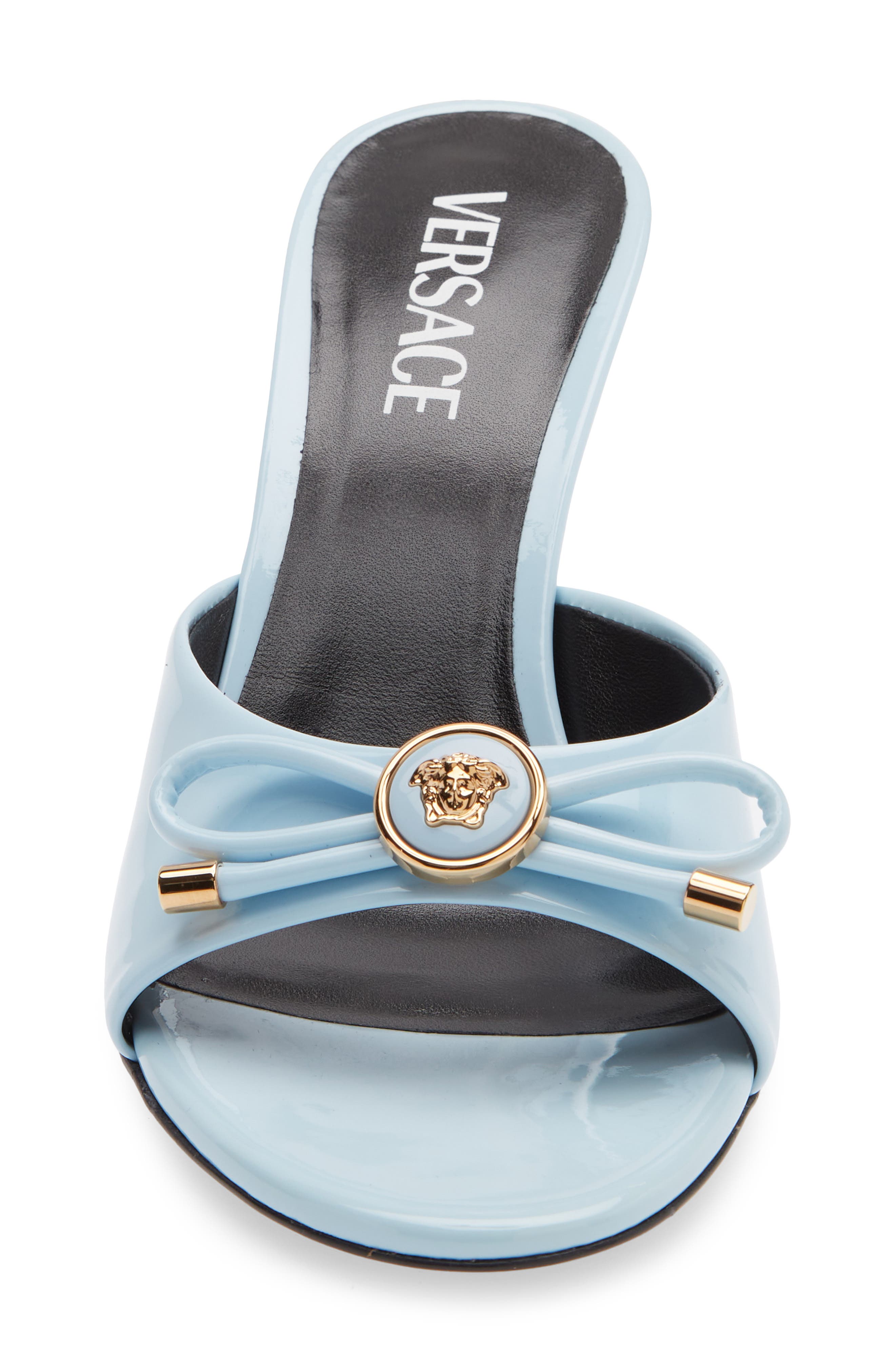 Versace Opera Bow Slide Sandal, Alternate, color, Pastel Blue Gold