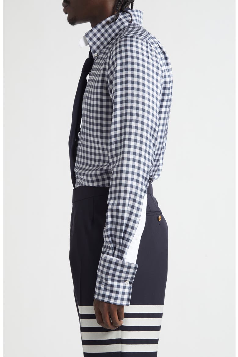 Gingham Straight Fit Convertible Silk Twill Button-Down Shirt, Alternate, color, NAVY