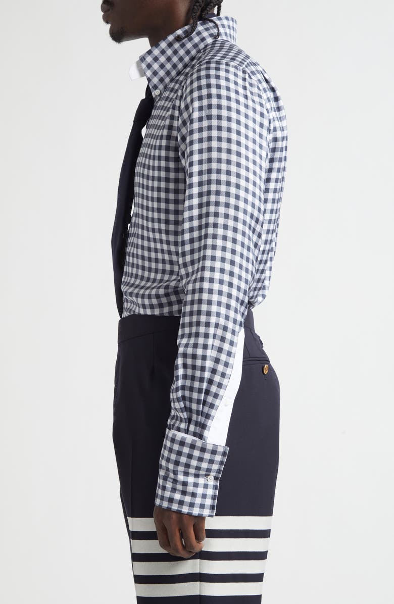 Thom Browne Gingham Straight Fit Convertible Silk Twill Button-Down Shirt, Alternate, color, Navy