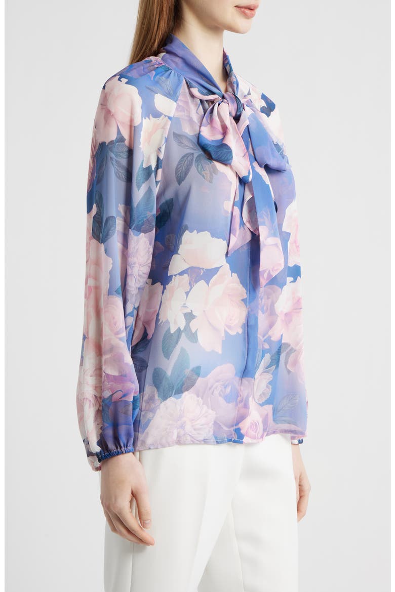 Floral Print Tie Neck Top, Alternate, color, BLUE PETAL FLORAL