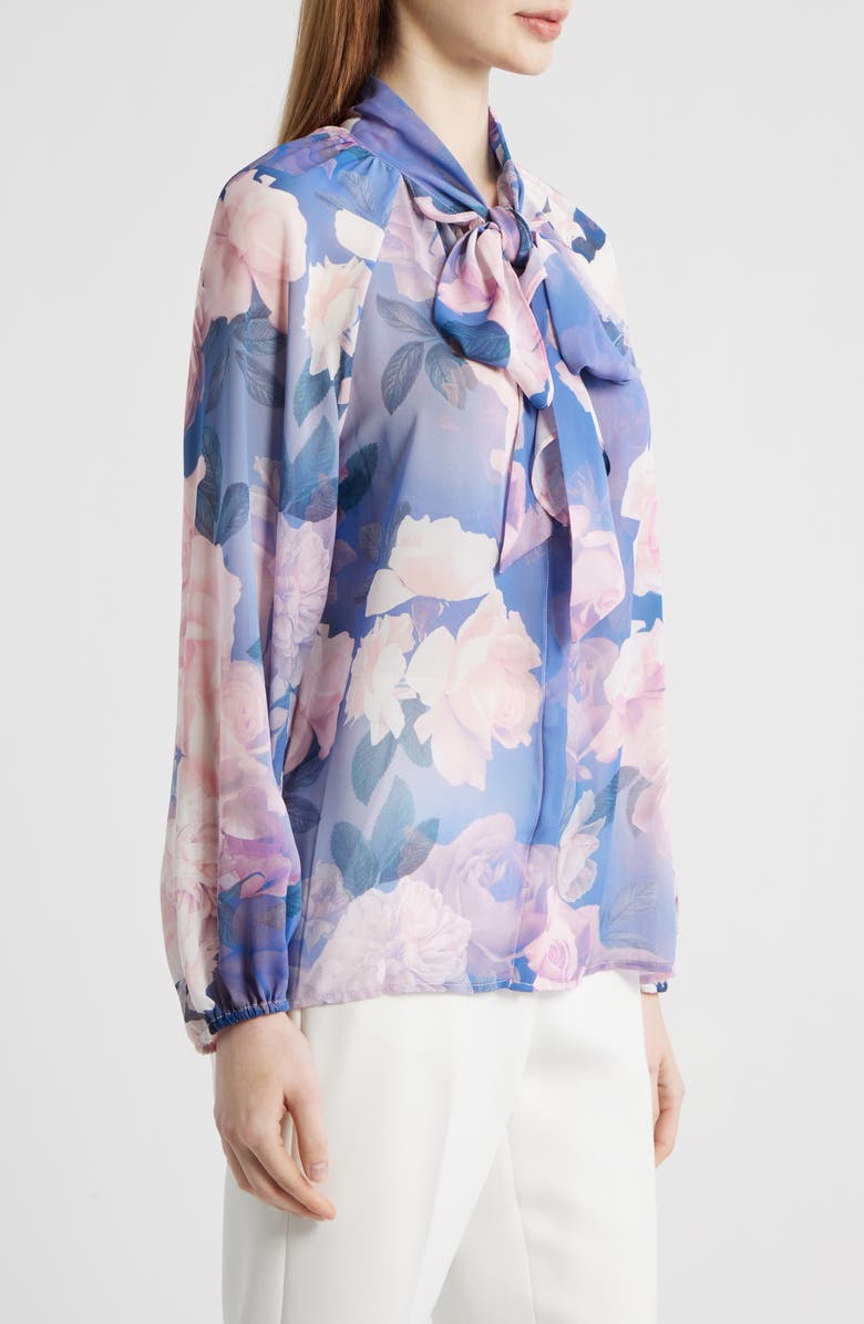 Tahari ASL Floral Print Tie Neck Top, Alternate, color, Blue Petal Floral