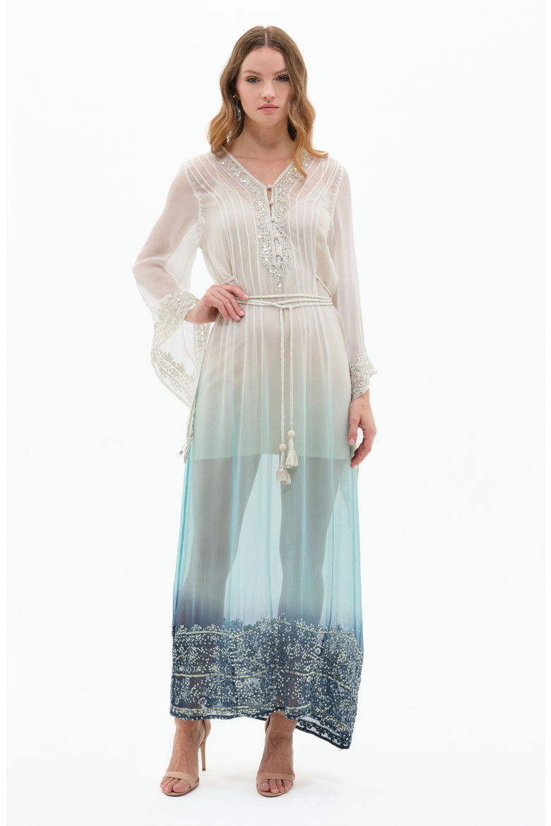 Camelia Dress, Main, color, White / Teal / Indigo Ombre