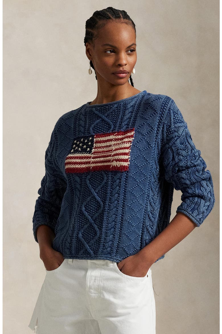 Flag Cable Knit Cotton Aran Sweater, Alternate, color, INDIGO/ MULTI
