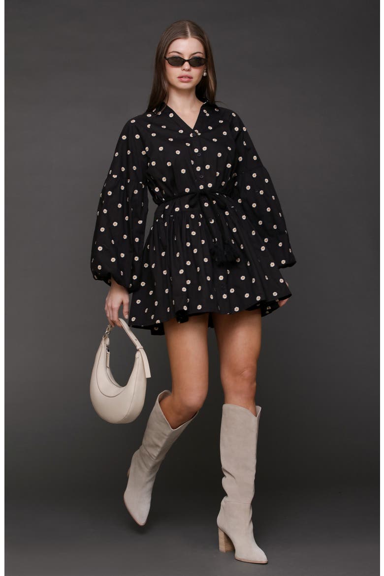 Embroidered Long Sleeve Babydoll Mini Shirtdress, Alternate, color, BLACK DAISY EMBROIDE