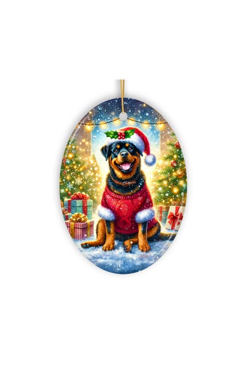 Santa Hat Rottweiler Snowy Forest Ornament - Version 1