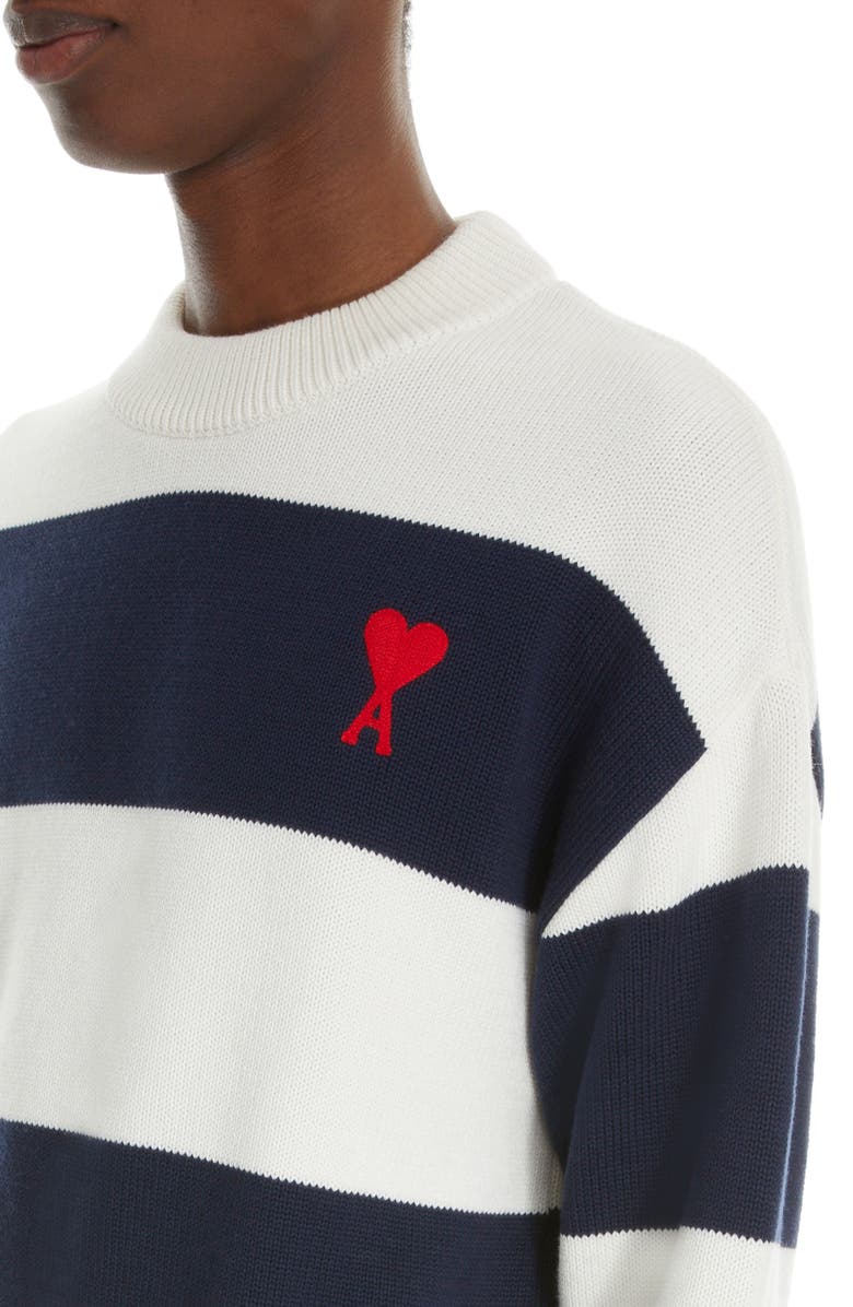AMI PARIS Rugby Stripe Ami de Coeur Embroidered Organic Cotton & Wool Sweater, Alternate, color,
