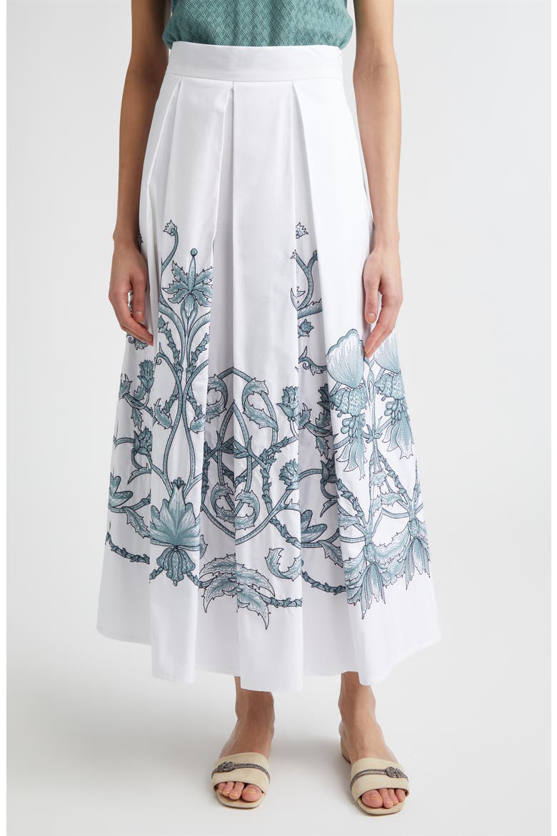 Floral Embroidered Cotton Midi Skirt, Main, color, 01-175 WHITE/JADE