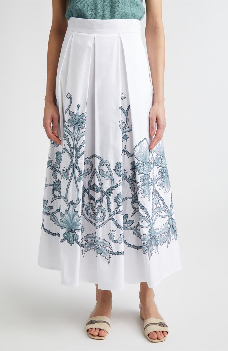 Eleventy Floral Embroidered Cotton Midi Skirt, Main, color, 01-175 White/Jade