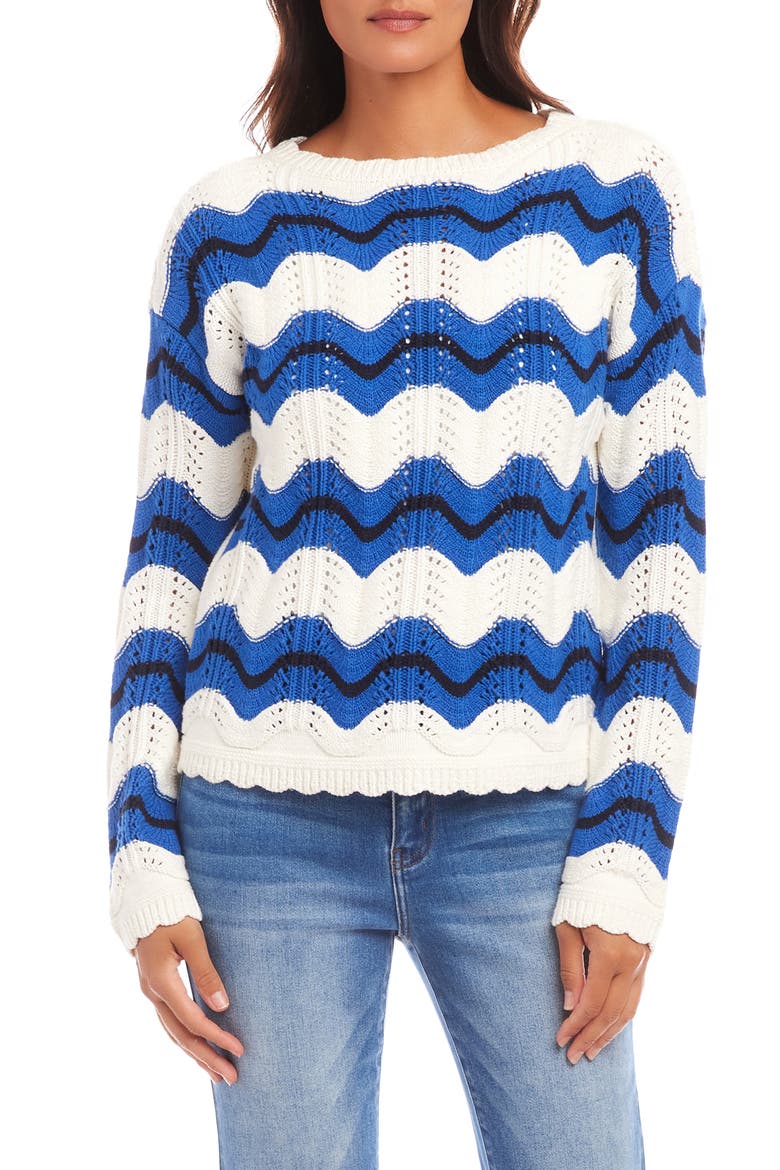 Zigzag Pointelle Stitch Cotton Blend Sweater, Main, color, WHITE/ BLUE