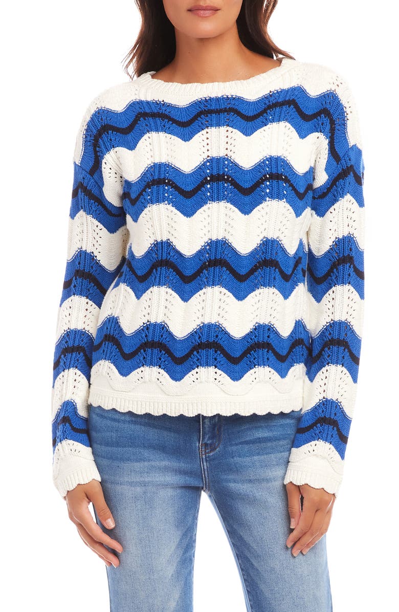 Karen Kane Zigzag Pointelle Stitch Cotton Blend Sweater, Main, color, White/ Blue