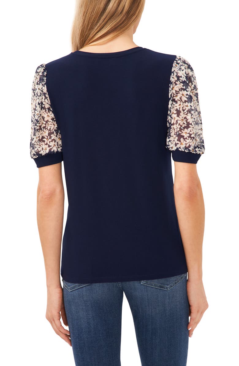 CeCe Daisy Puff Sleeve Mix Media Top, Alternate, color, Navy Blue Jay