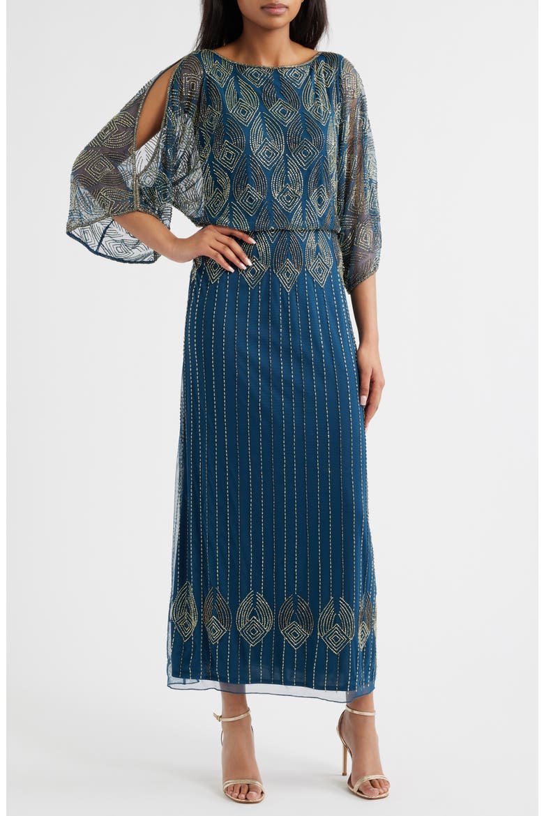 Beaded Cold Shoulder Cocktail Dress, Main, color, PEACOCK 406