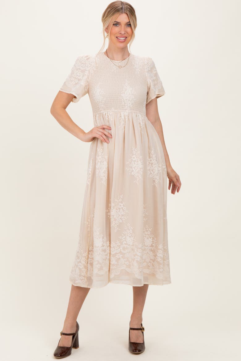 Embroidered Smocked Midi Dress, Alternate, color, Cream