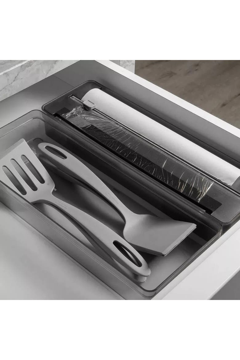 Compact Transparent Kitchen Wrap Dispenser with Cutter, Alternate, color, Black