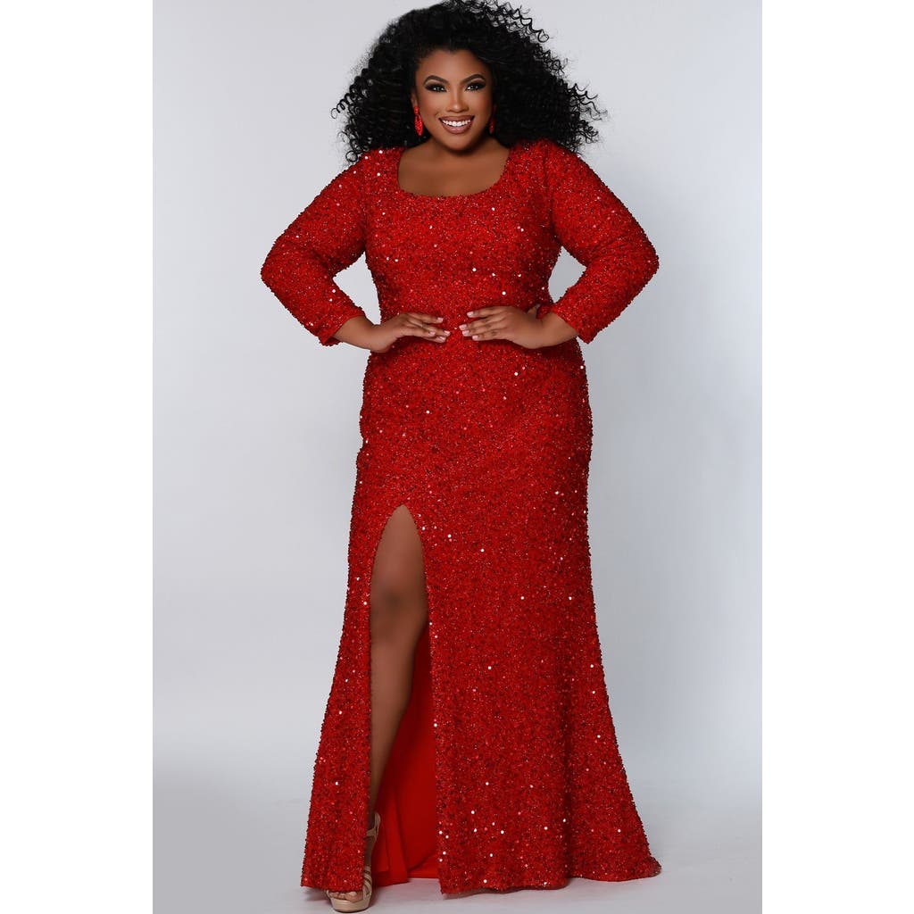 Sydney's Closet Long Sleeve Fitted Scoop Neck Sequin Plus Size Gown In Ruby