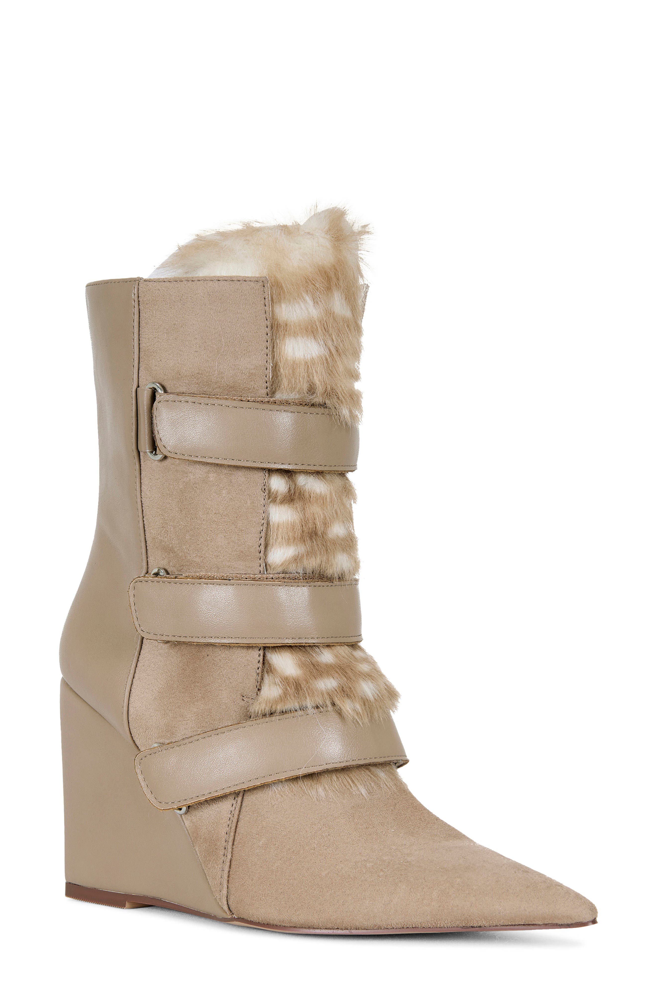 AZALEA WANG Maranette Faux Fur Wedge Bootie, Main, color, Tan