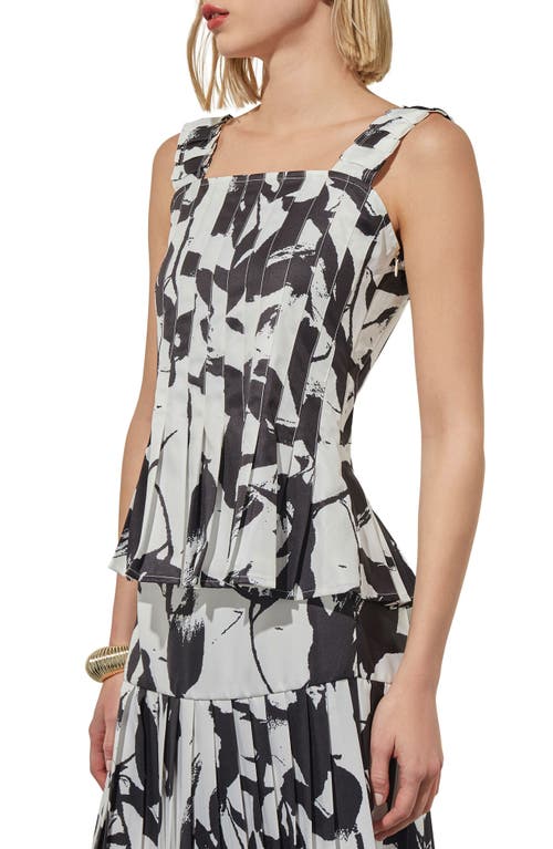 Ming Wang Pleated Floral Print Sleeveless Peplum Top In Black/white